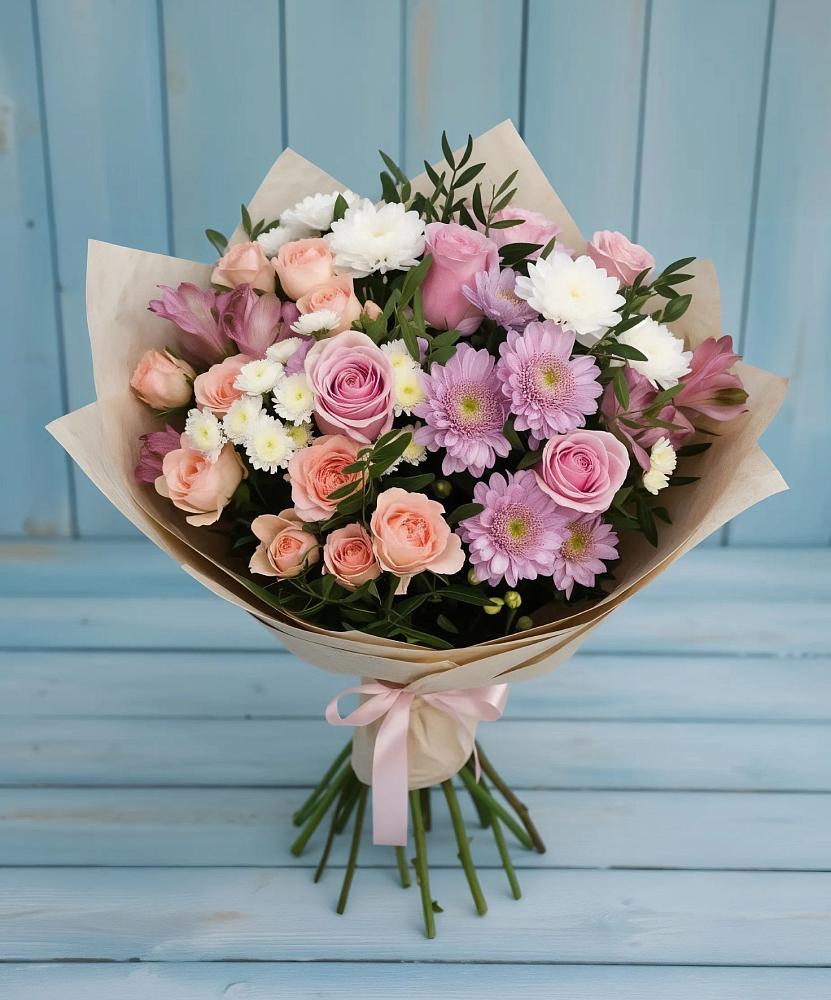 Букет цветов из: Хризантемы, Розы и Альстромерии в Новокаякенте