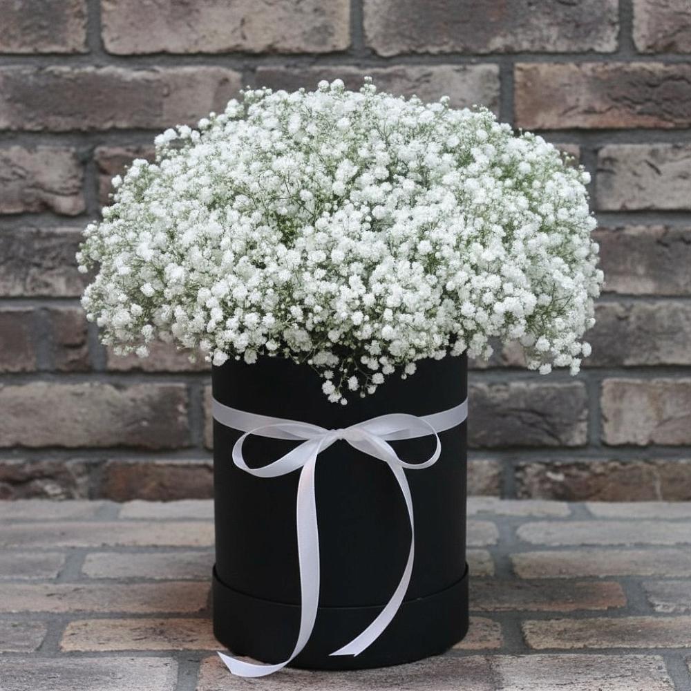 Цветочная композиция из Гипсофила в шляпной коробке в Новокаякенте