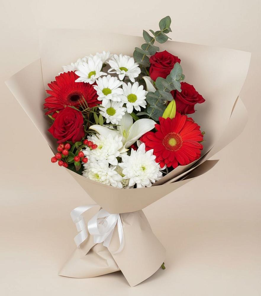 Букет цветов из: Розы, Хризантемы, Герберы и Лилии в Новокаякенте