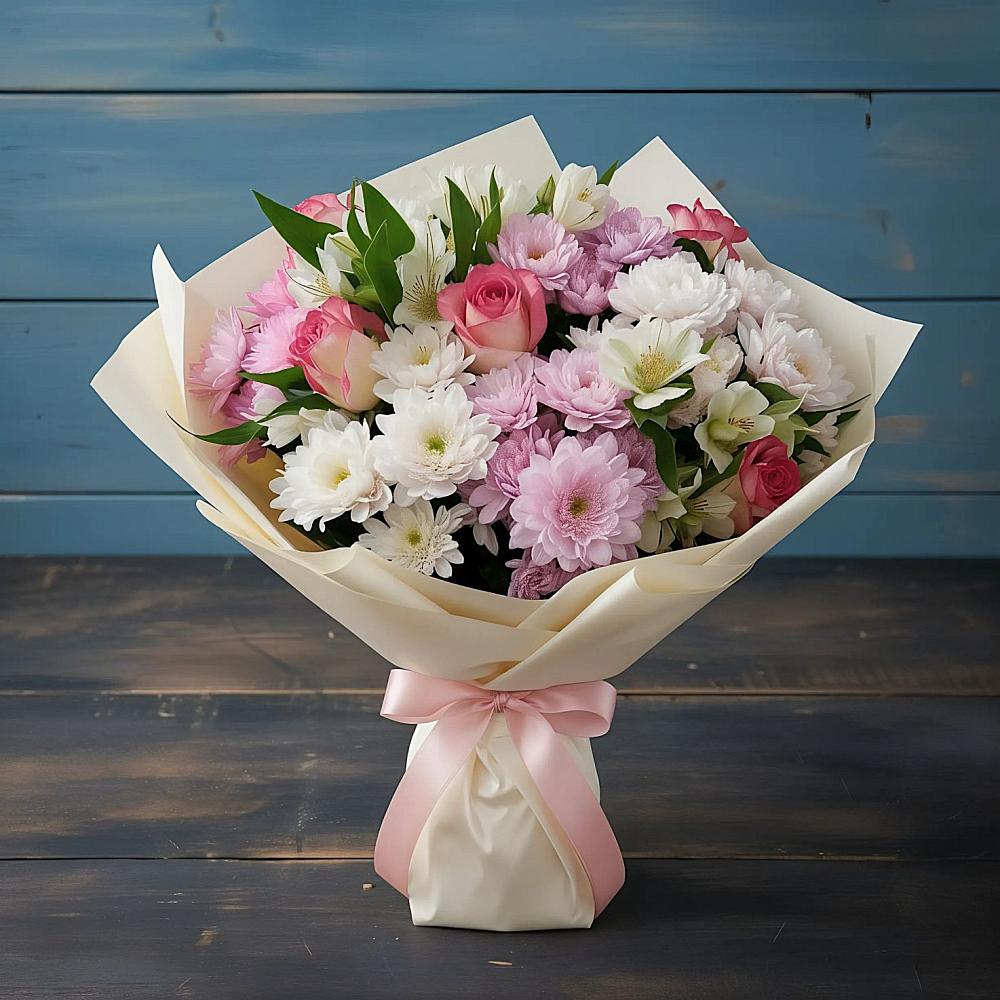 Букет цветов из: Хризантемы, Альстромерии и Розы в Новокаякенте